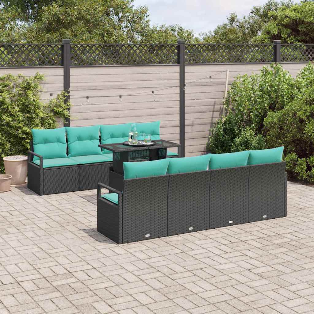 Gartensofa-set 9 Stk. 6-Sitzanzahl Schwarz und Blau Poly-Rattan