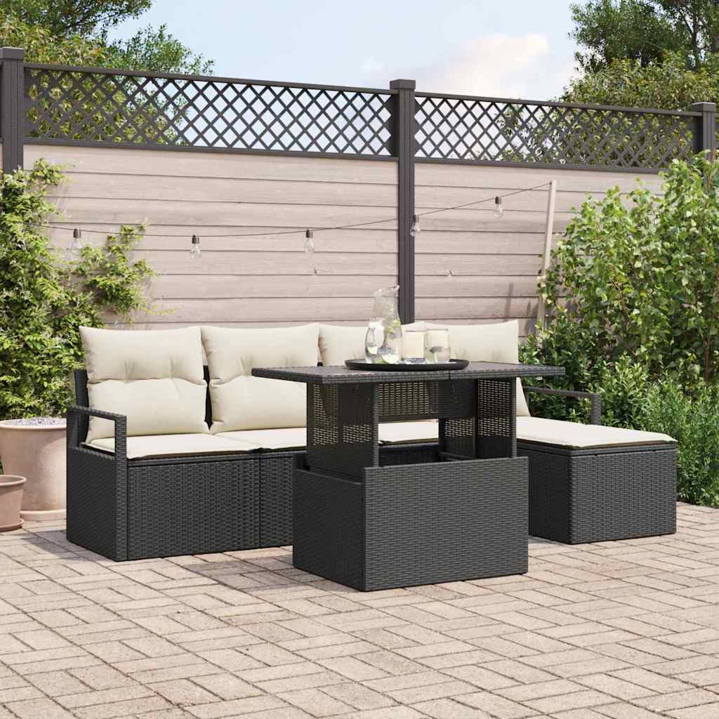 Gartensofa-set 6 stk. Schwarz und Creme Poly-Rattan