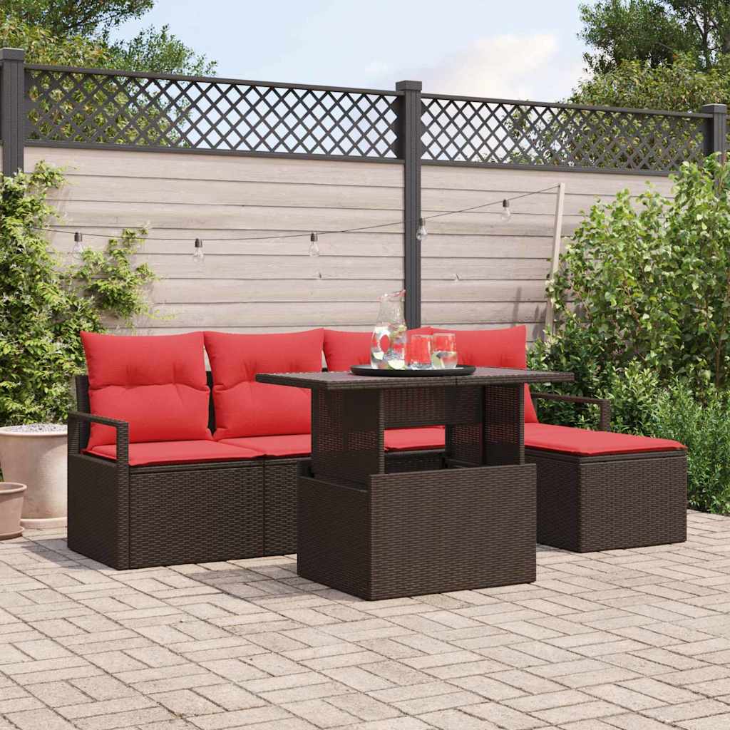 Gartensofa-set 6 stk. Braun und Rot Poly-Rattan