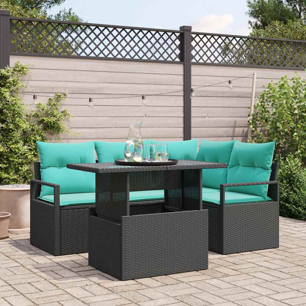 Gartensofa-set 5 stk. 4-Sitzanzahl Schwarz und Blau Poly-Rattan