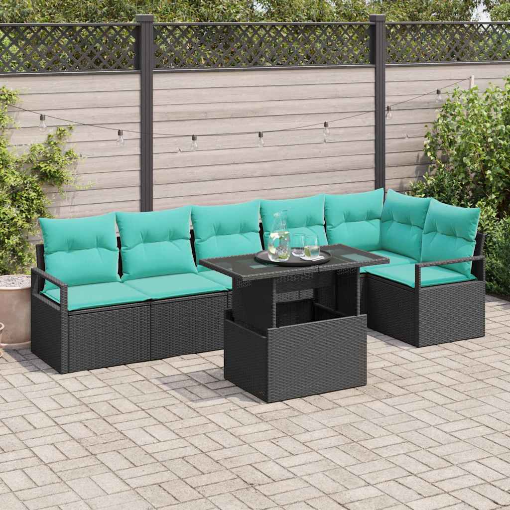 Gartensofa-set 7 Stk. 6-Sitzanzahl Schwarz und Blau Poly-Rattan