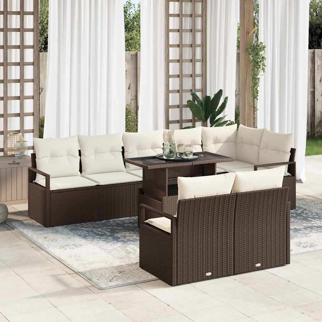 Gartensofa-set 9 Stk. 8-Sitzanzahl Braun und Creme Poly-Rattan