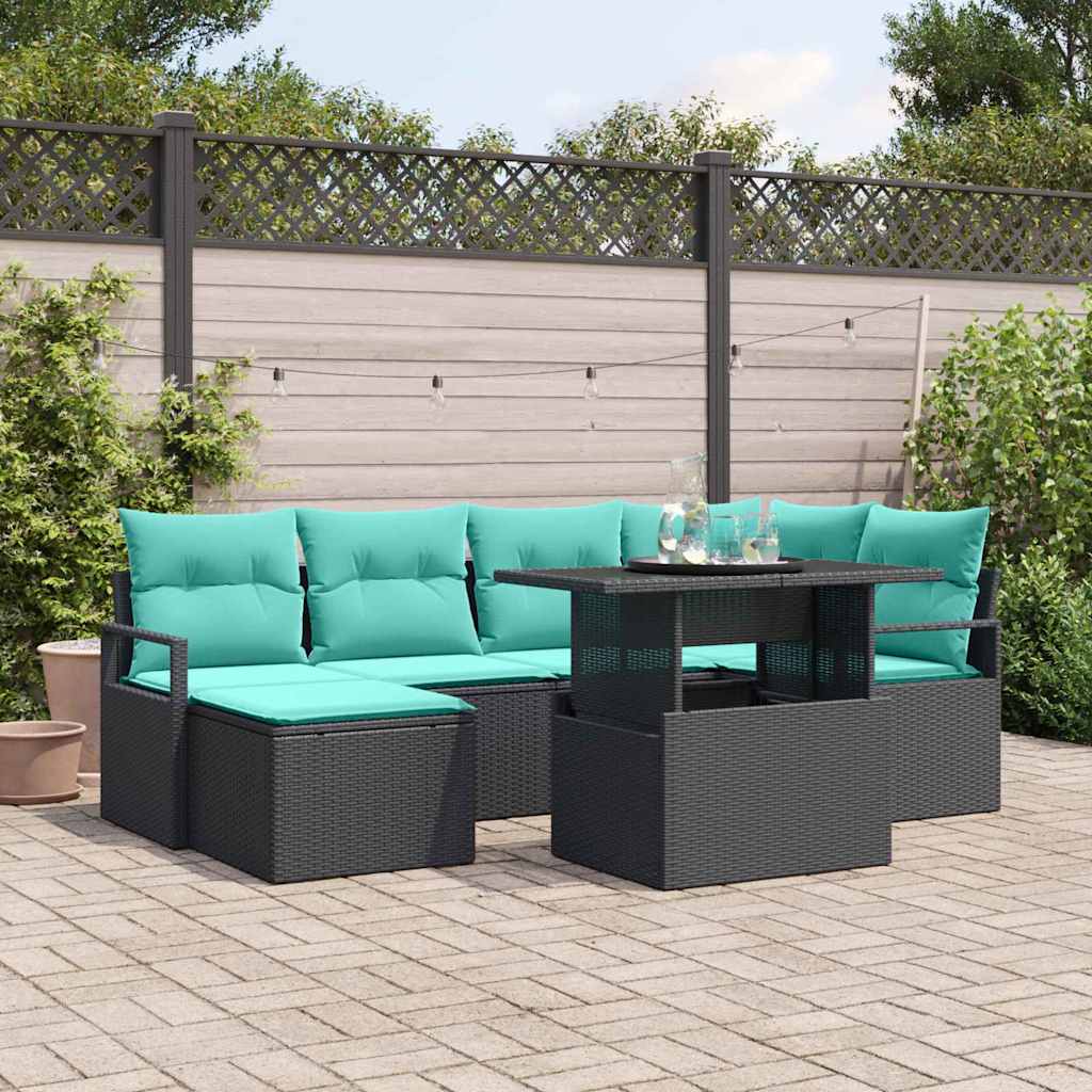 Gartensofa-set 7 stk. Schwarz und Blau Poly Rattan