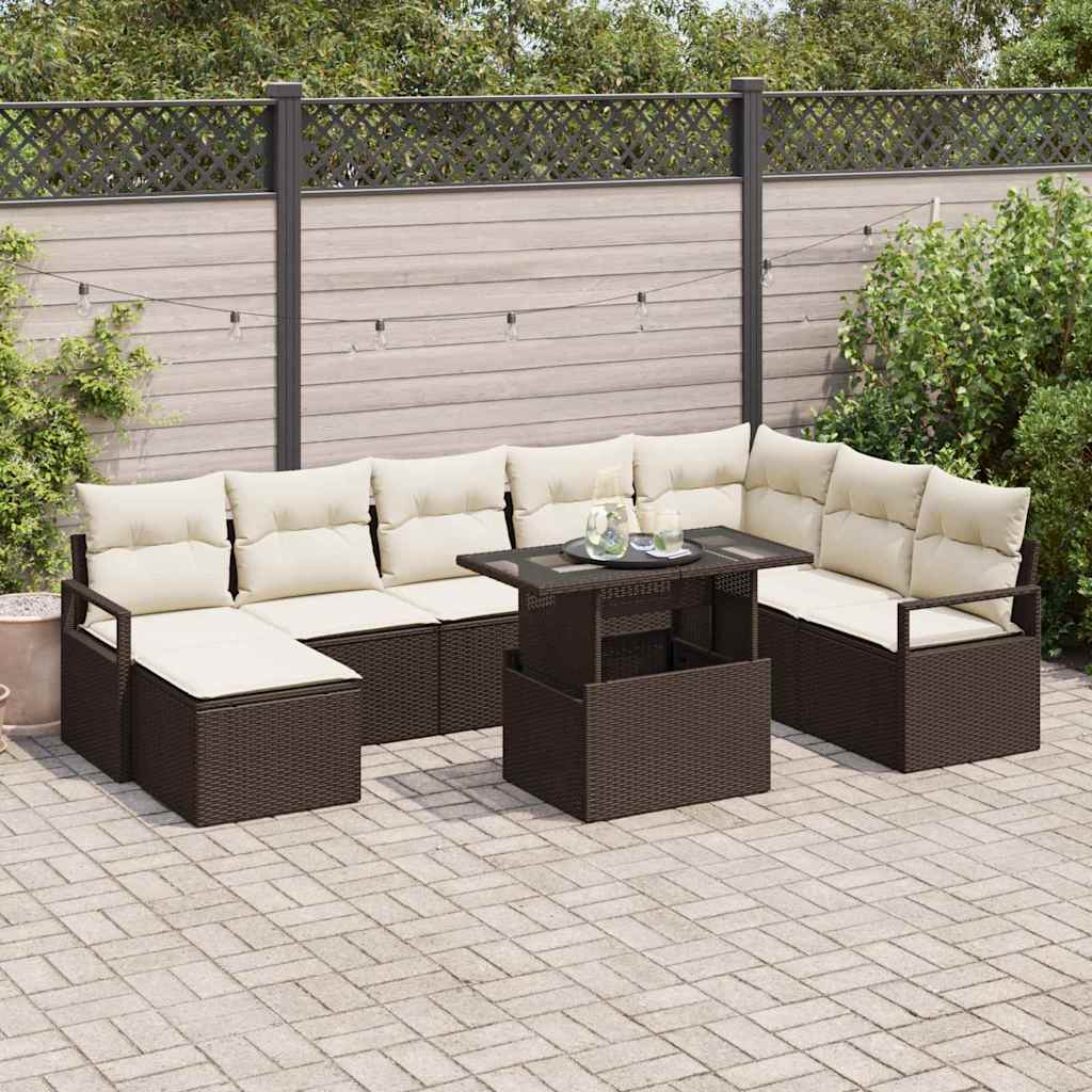 Gartensofa-set 9 stk. Braun und Creme Poly-Rattan