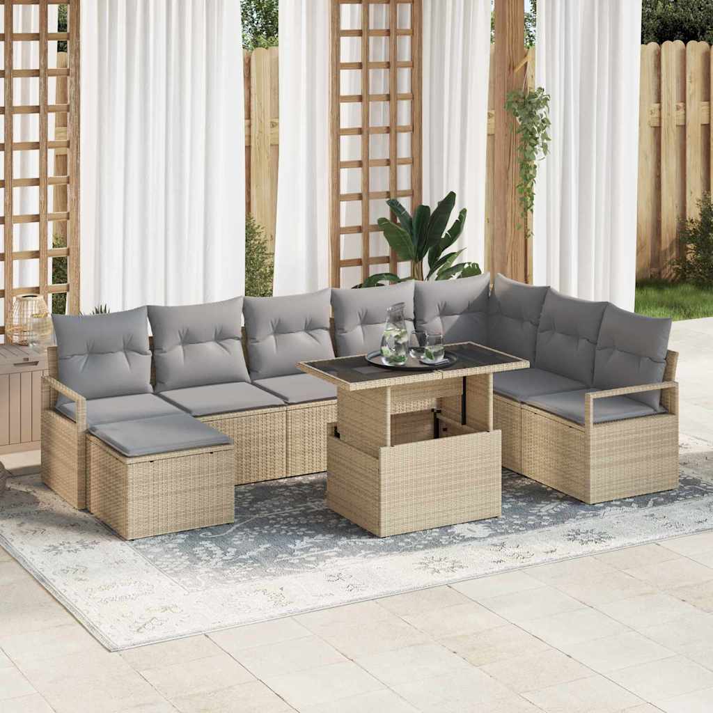 Gartensofa-set 9 stk. Beige und Hellgrau Poly-Rattan
