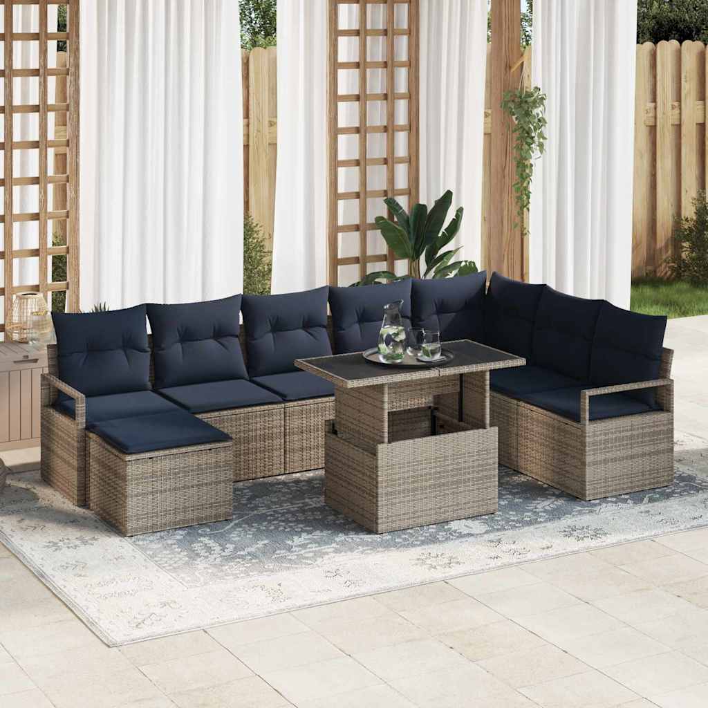Gartensofa-set 9 stk. Grau und Marineblau Poly-Rattan