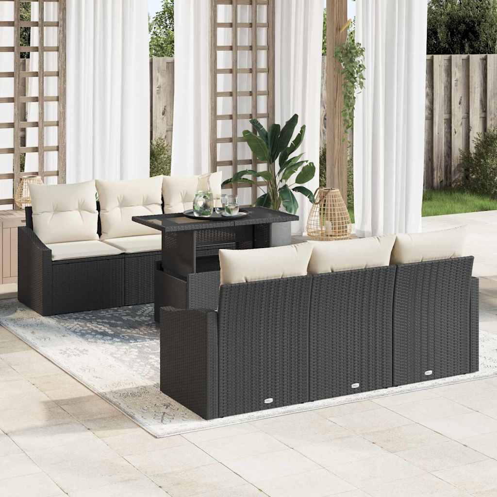 Gartensofa-set 7 stk. Schwarz und Creme Poly-Rattan