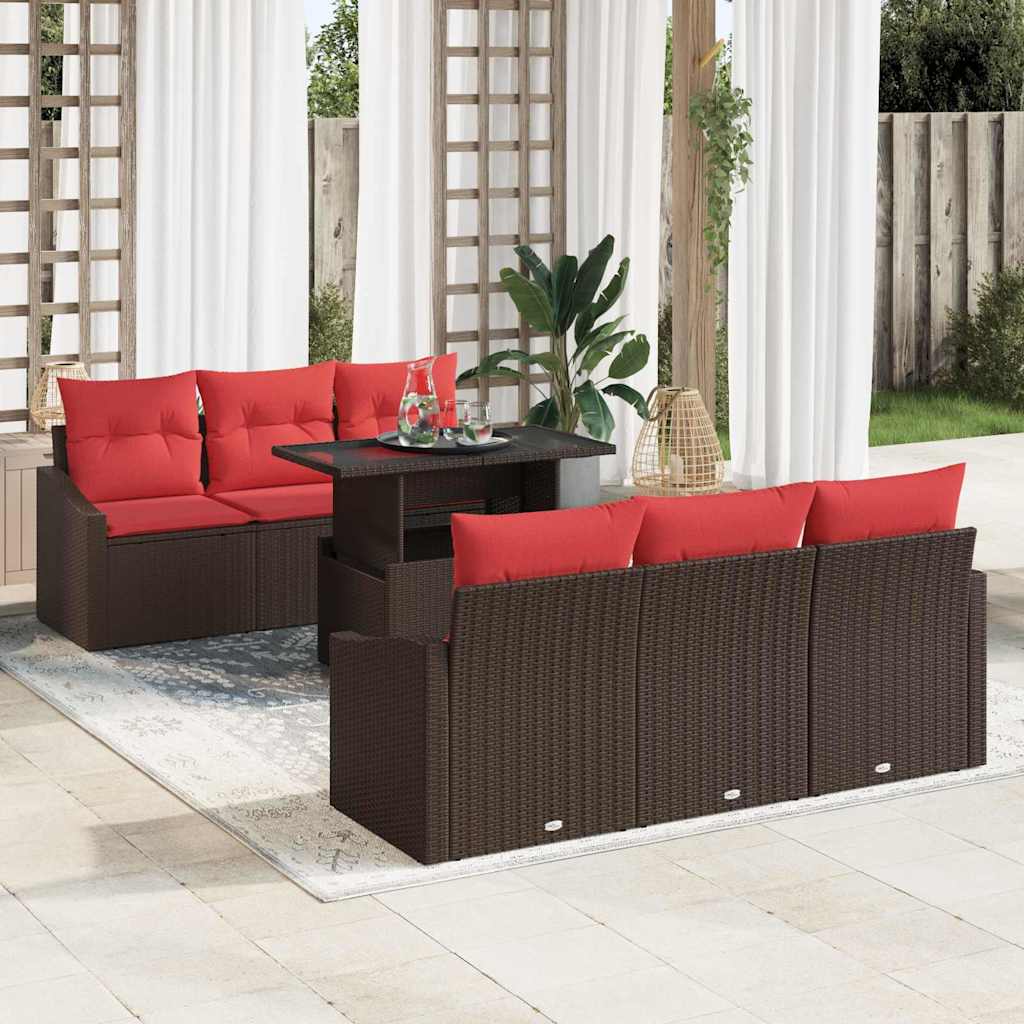 Gartensofa-set 7 stk. 6-Sitzanzahl Braun und Rot Poly-Rattan