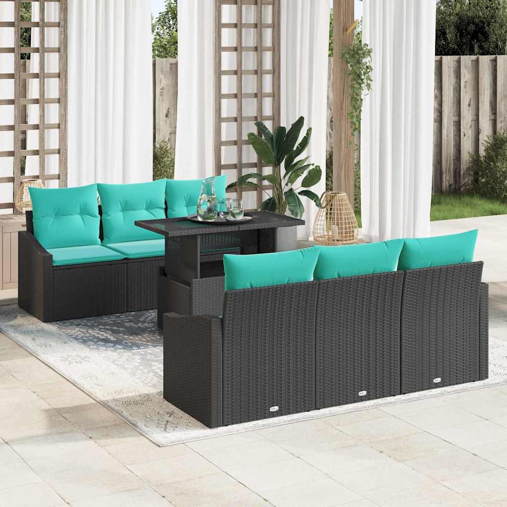 Gartensofa-set 7 stk. 6-Sitzanzahl Schwarz und Blau Poly-Rattan