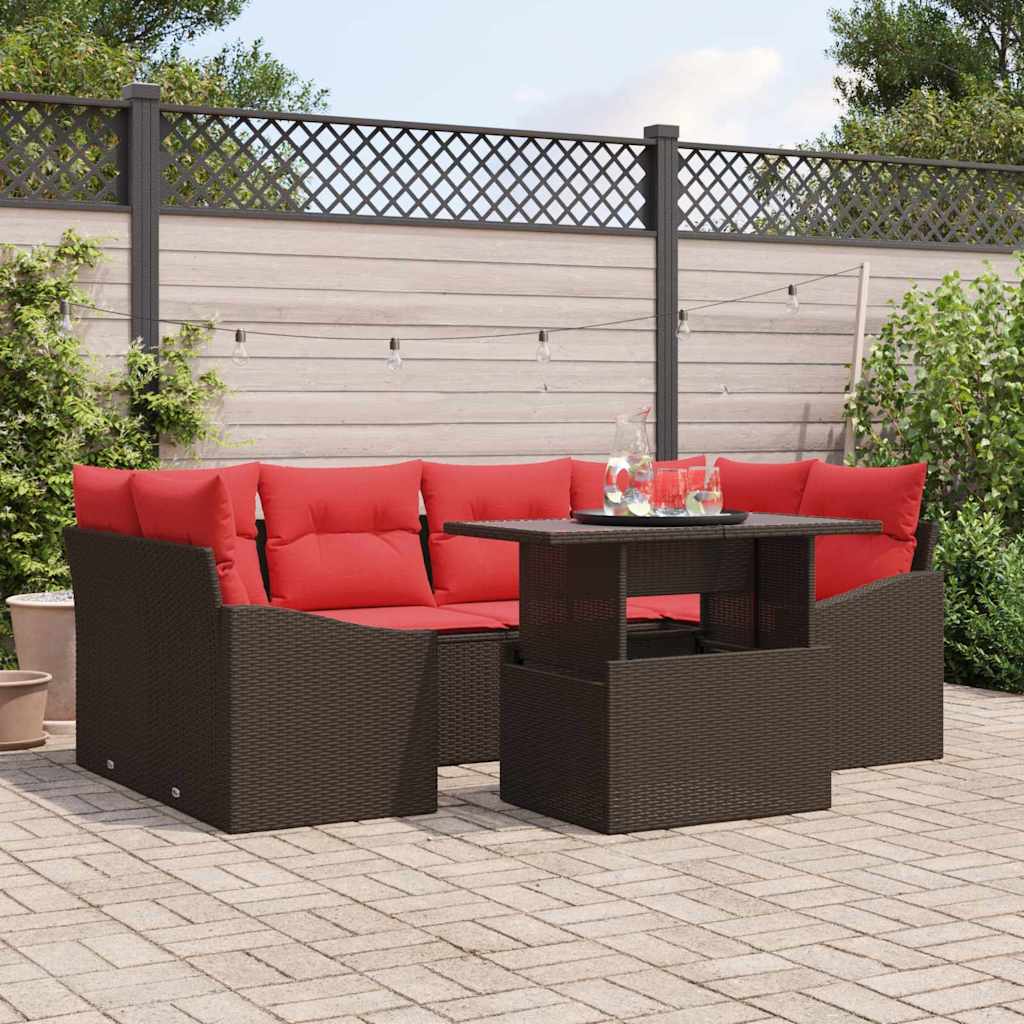 Gartensofa-set 7 stk. Braun und Rot Poly Rattan