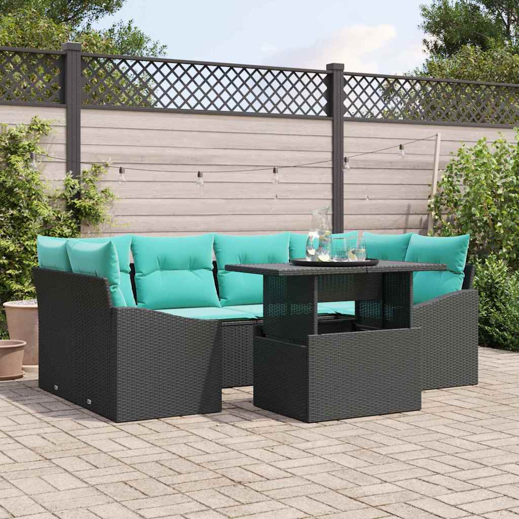 Gartensofa-set 7 stk. Schwarz und Blau Poly Rattan