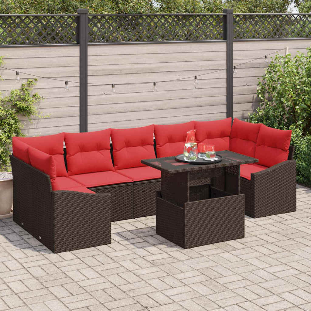 Gartensofa-set 8 stk. Braun und Rot Poly-Rattan