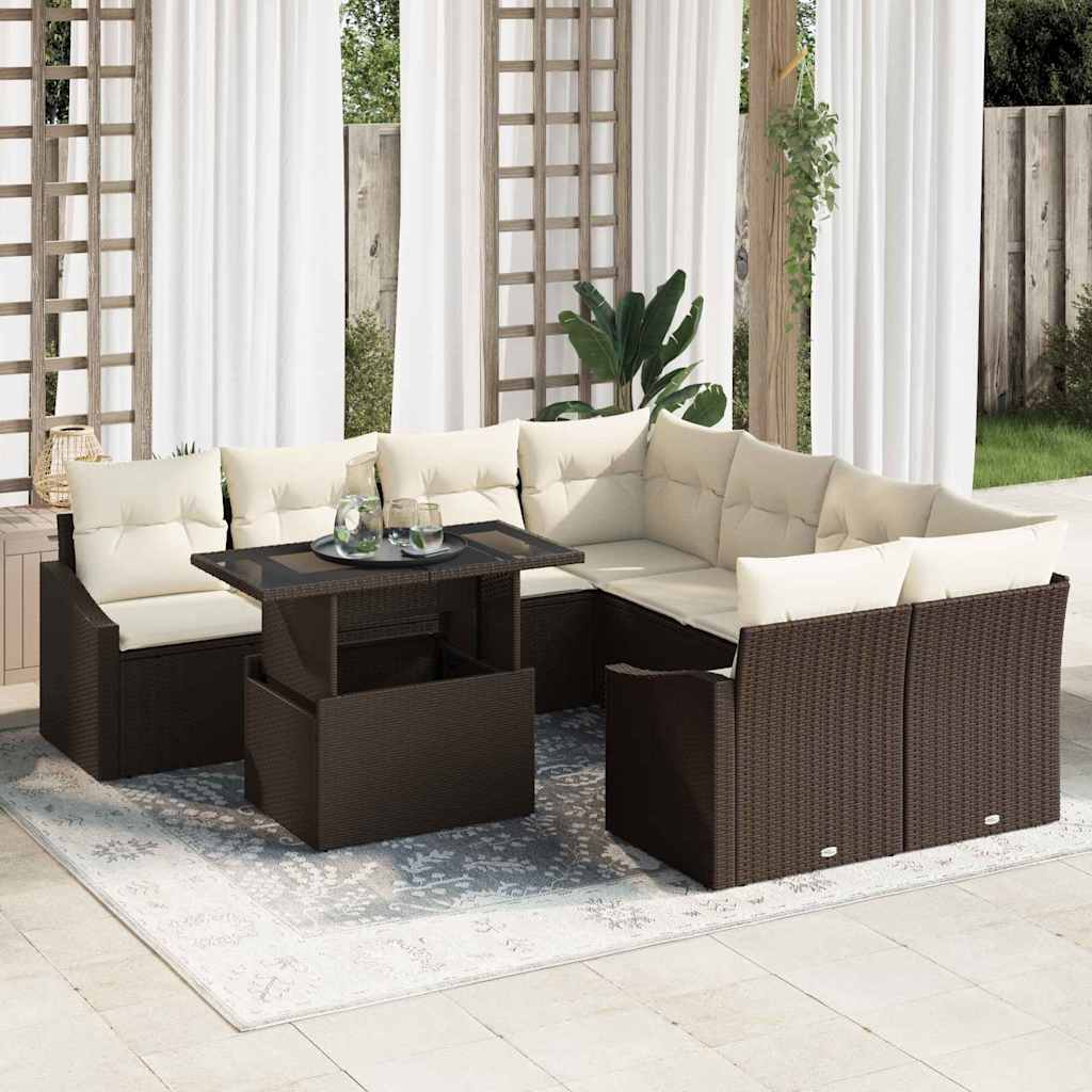 Gartensofa-set 9 stk. Braun und Creme Poly-Rattan