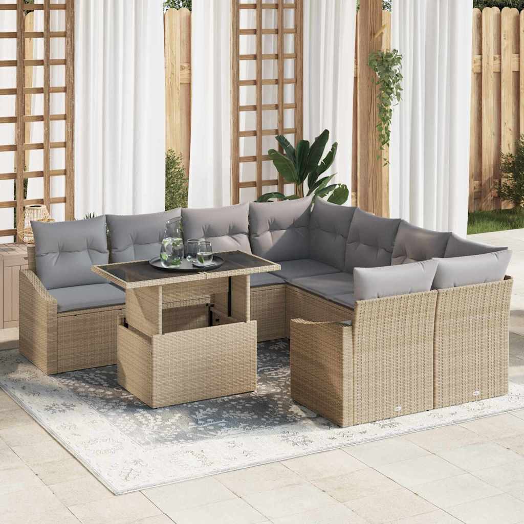 Gartensofa-set 9 stk. Beige und Hellgrau Poly-Rattan