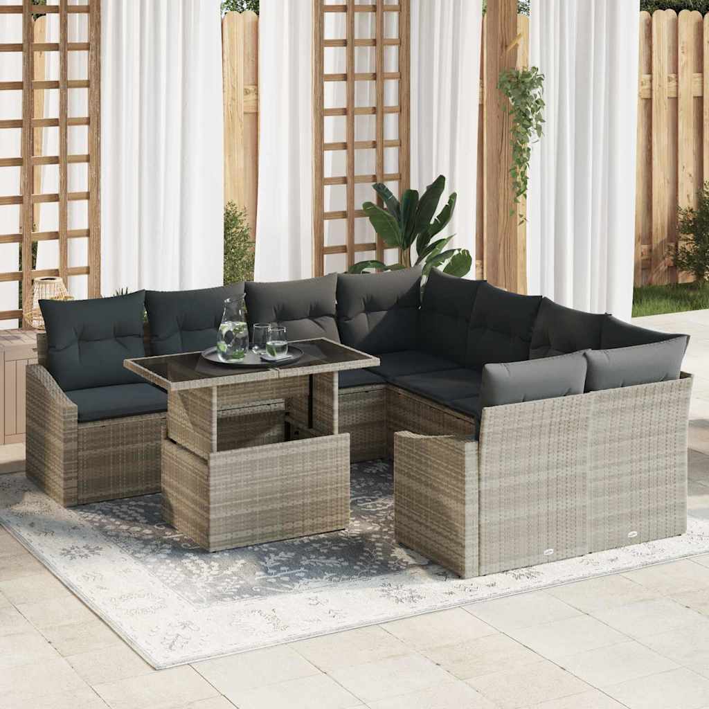 Gartensofa-set 9 stk. Hellgrau Poly-Rattan