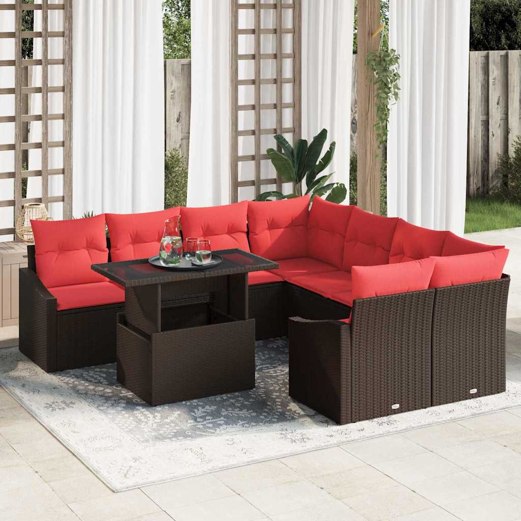 Gartensofa-set 9 stk. Braun und Rot Poly-Rattan