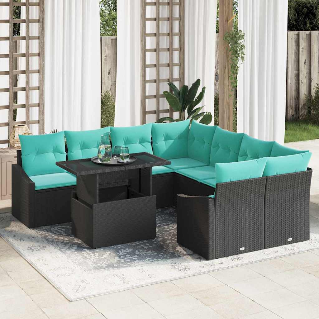 Gartensofa-set 9 stk. Schwarz und Blau Poly-Rattan