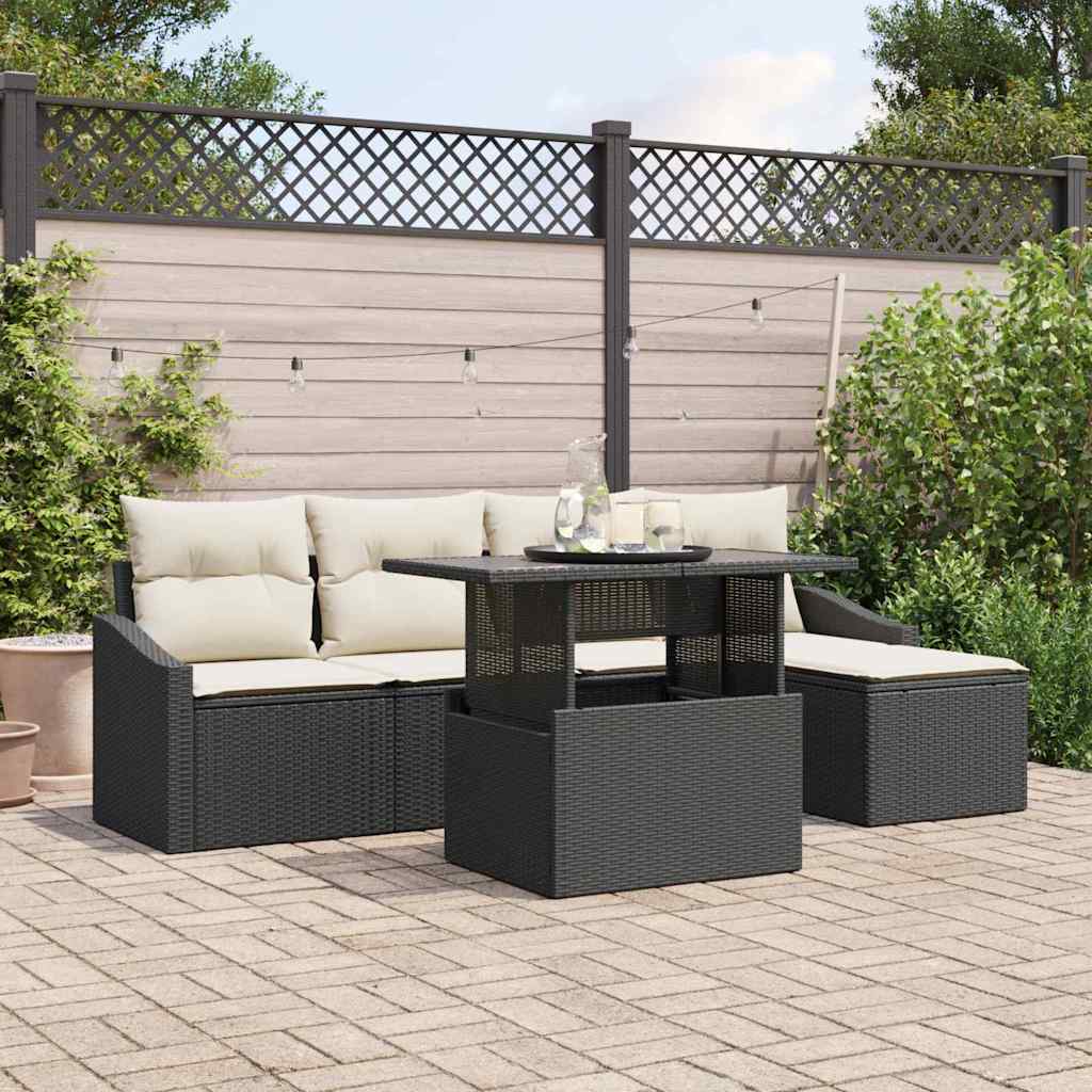Gartensofa-set 6 stk. Schwarz und Creme Poly-Rattan