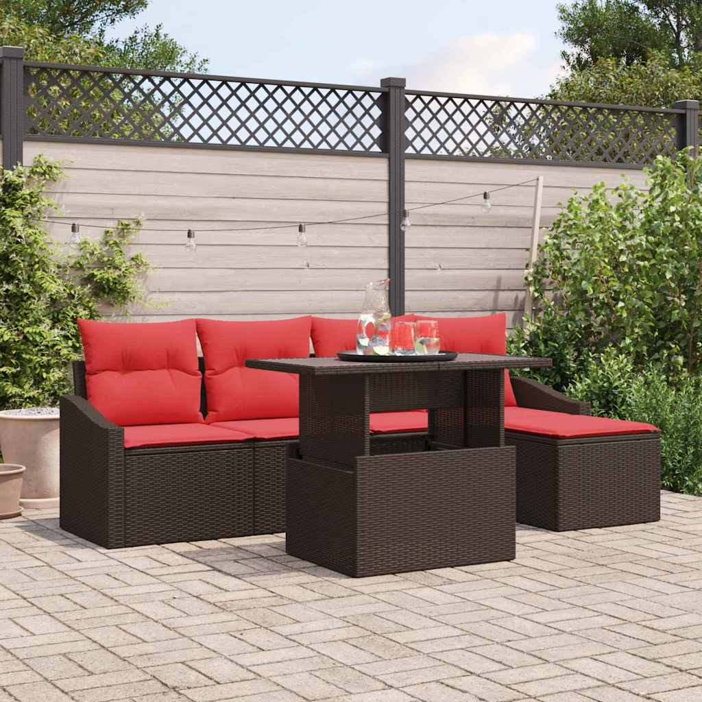 Gartensofa-set 6 stk. Braun und Rot Poly-Rattan