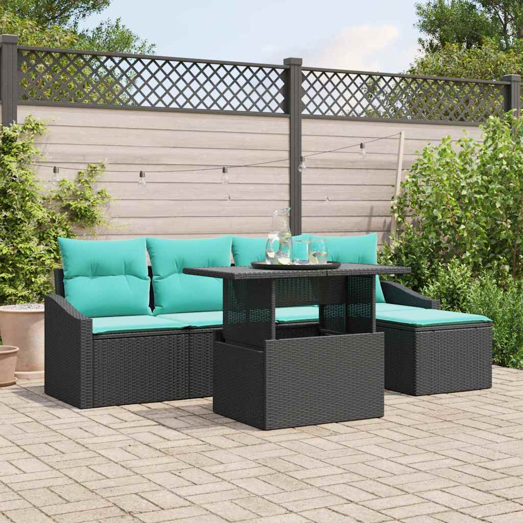 Gartensofa-set 6 stk. Schwarz und Blau Poly-Rattan
