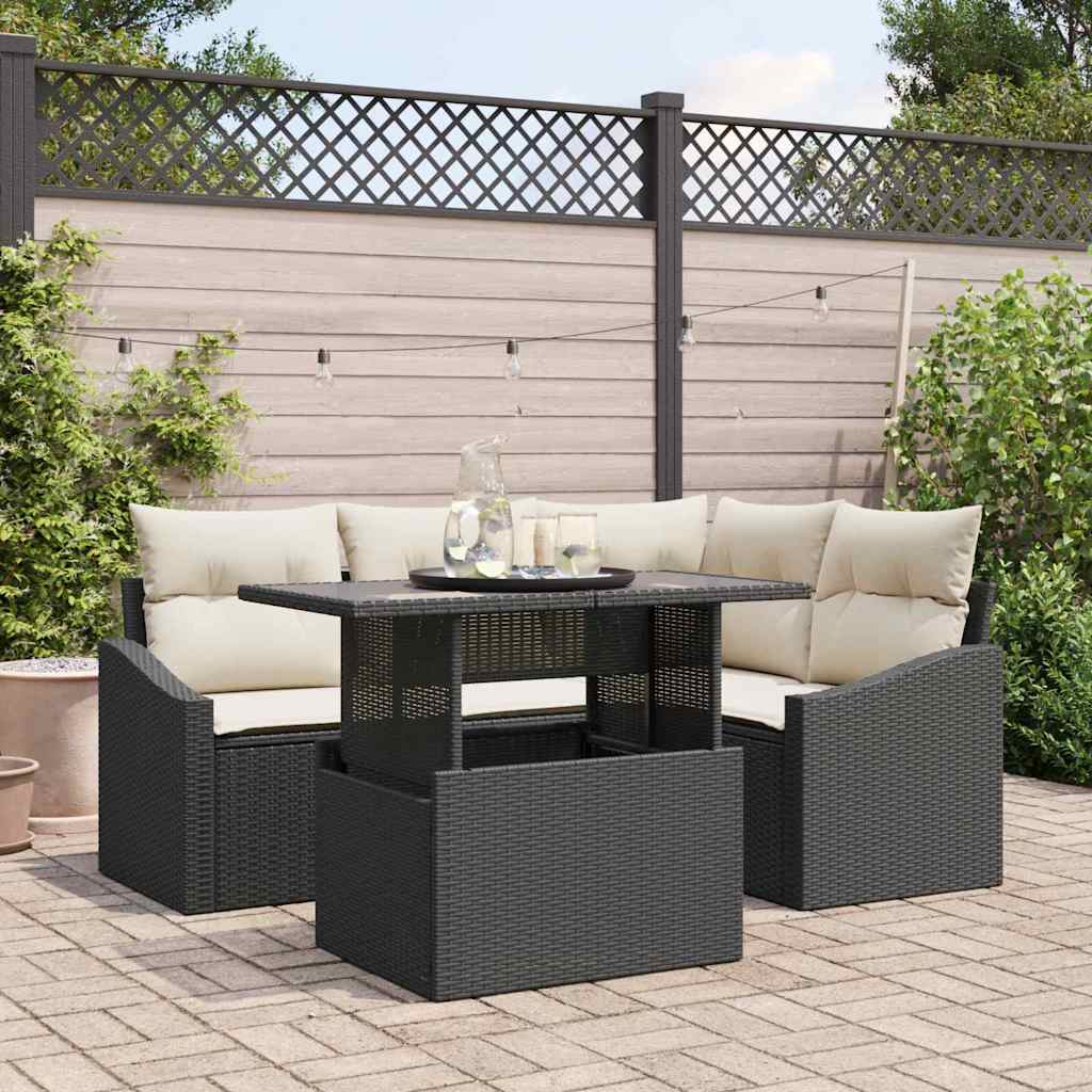 Gartensofa-set 5 stk. Schwarz und Creme Poly-Rattan