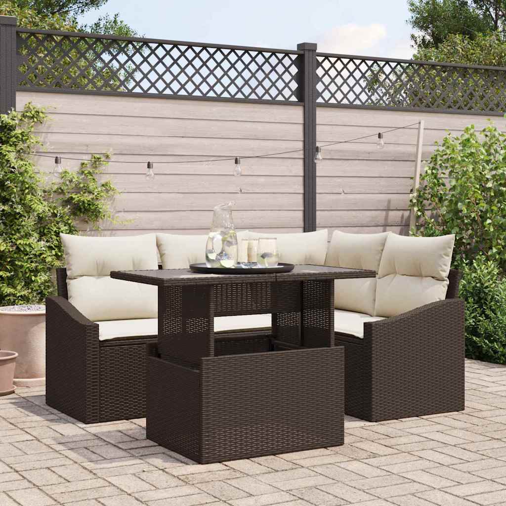 Gartensofa-set 5 stk. Braun und Creme Poly-Rattan