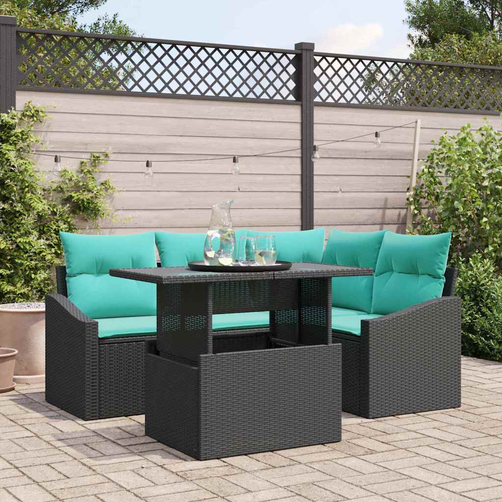 Gartensofa-set 5 stk. Schwarz und Blau Poly-Rattan