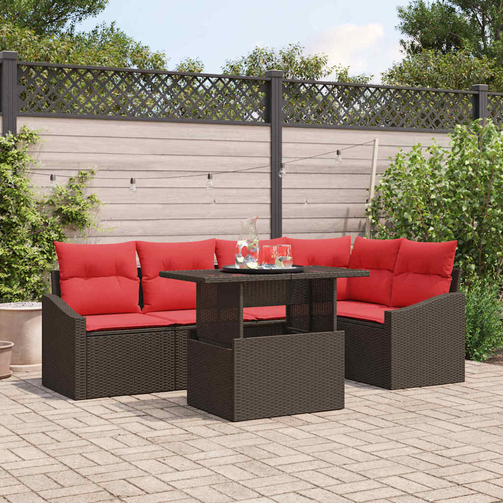 Gartensofa-set 6 stk. Braun und Rot Poly-Rattan