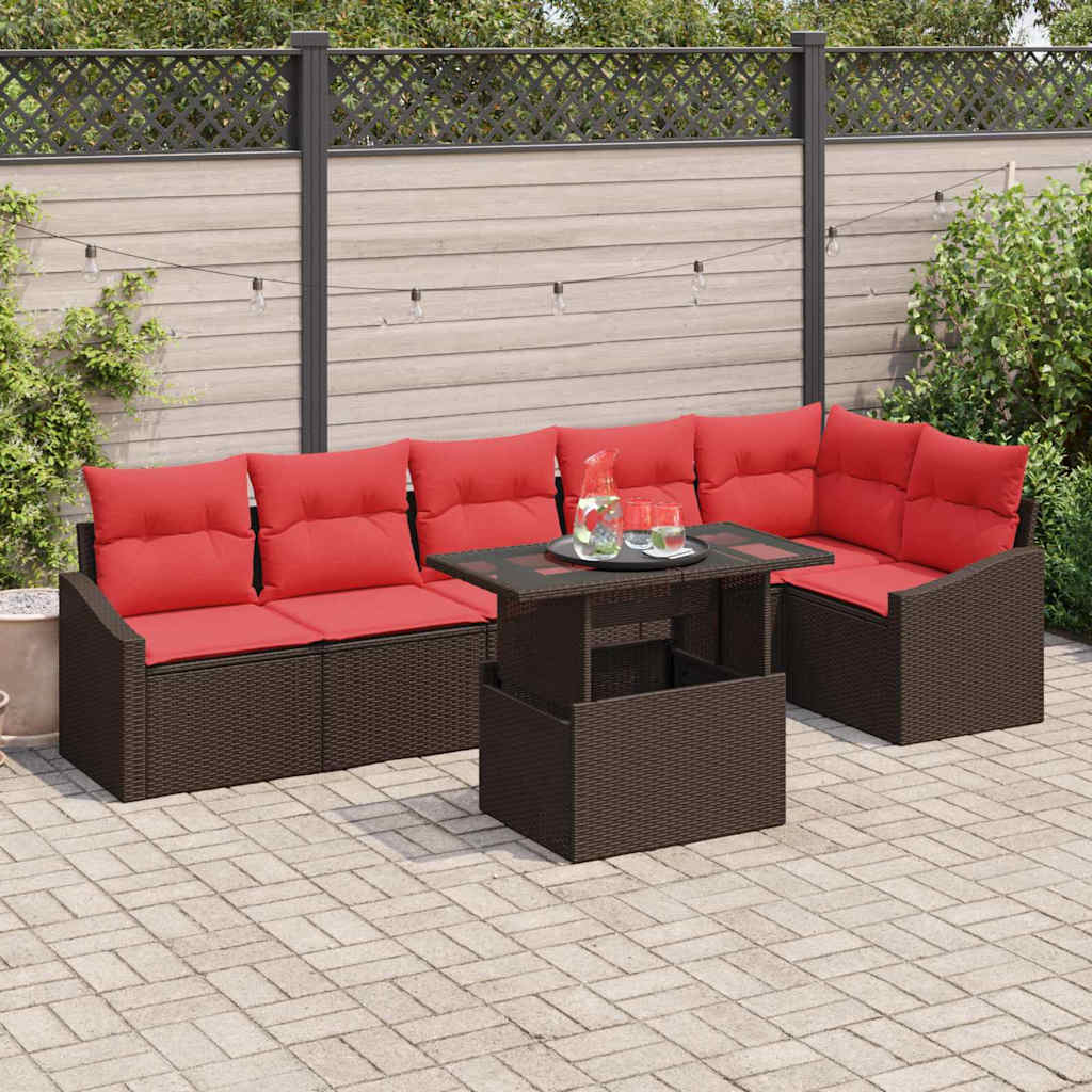 Gartensofa-set 7 stk. Braun und Rot Poly-Rattan