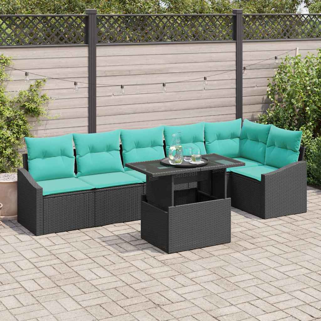 Gartensofa-set 7 stk. Schwarz und Blau Poly-Rattan