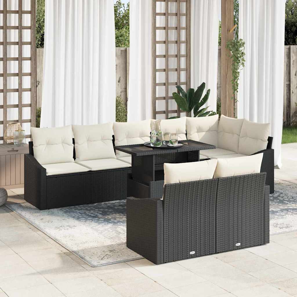Gartensofa-set 9 stk. Schwarz und Creme Poly-Rattan