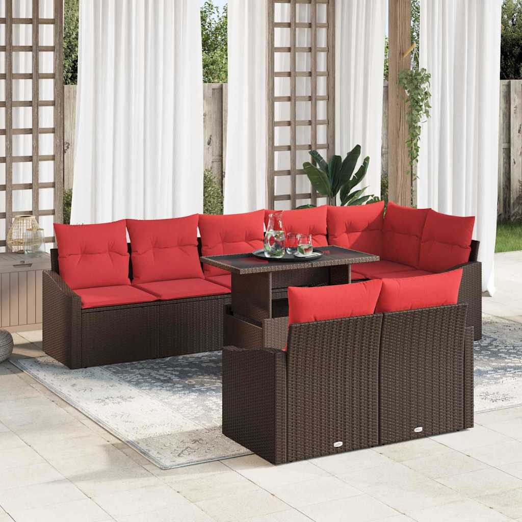 Gartensofa-set 9 stk. Braun und Rot Poly-Rattan
