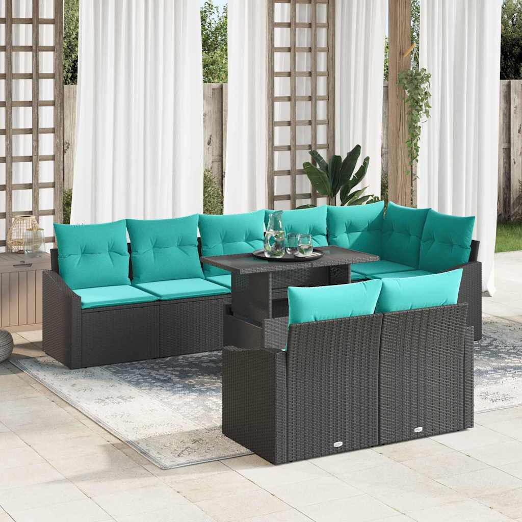 Gartensofa-set 9 stk. Schwarz und Blau Poly-Rattan
