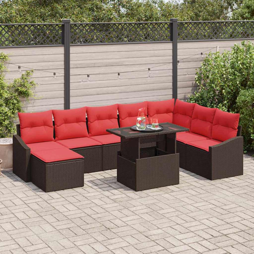 Sofa Set 9 stk. Braun und Rot Poly-Rattan