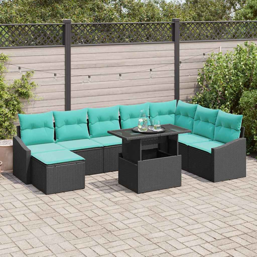Sofa Set 9 stk. Schwarz und Blau Poly-Rattan
