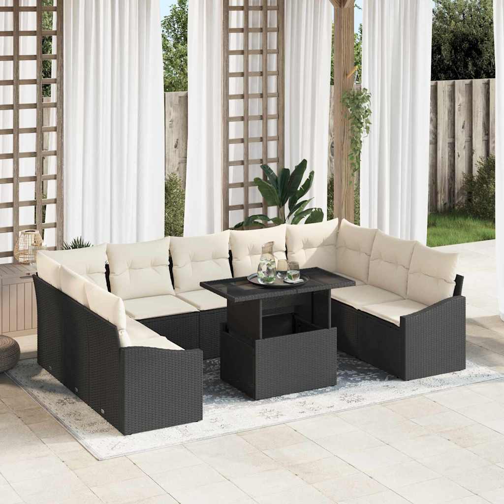 Sofa Set 10 stk. Schwarz und Creme Poly-Rattan