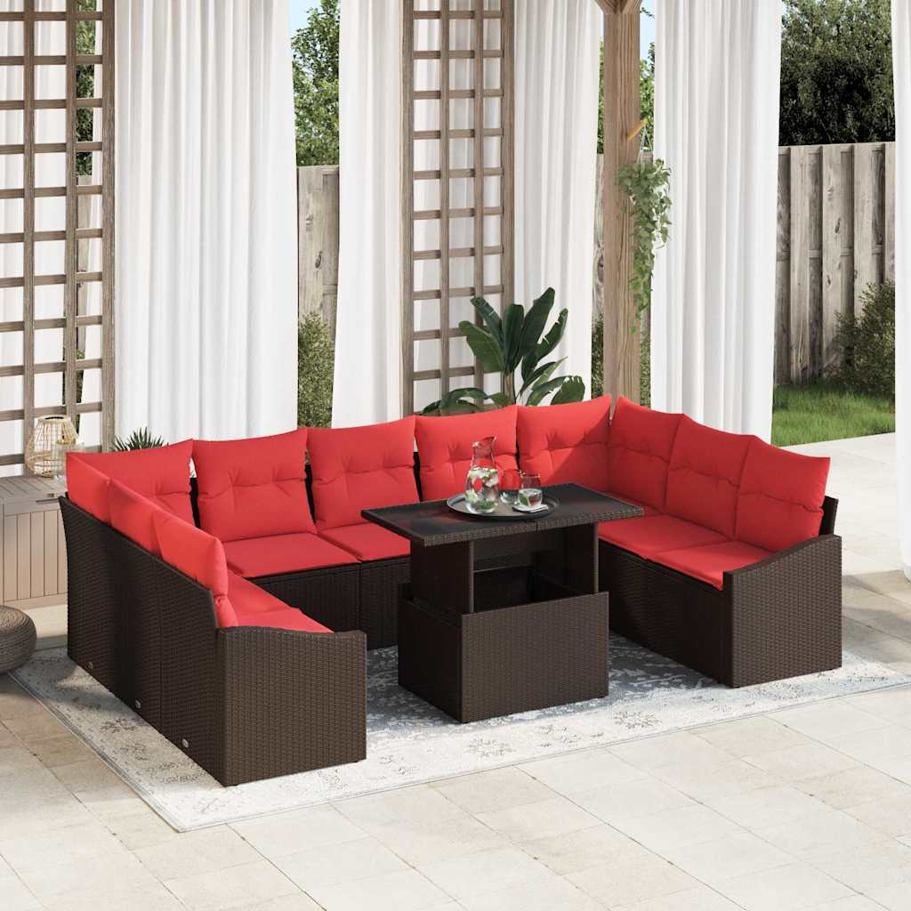 Sofa Set 10 stk. 9-Sitzanzahl Braun und Rot Poly-Rattan