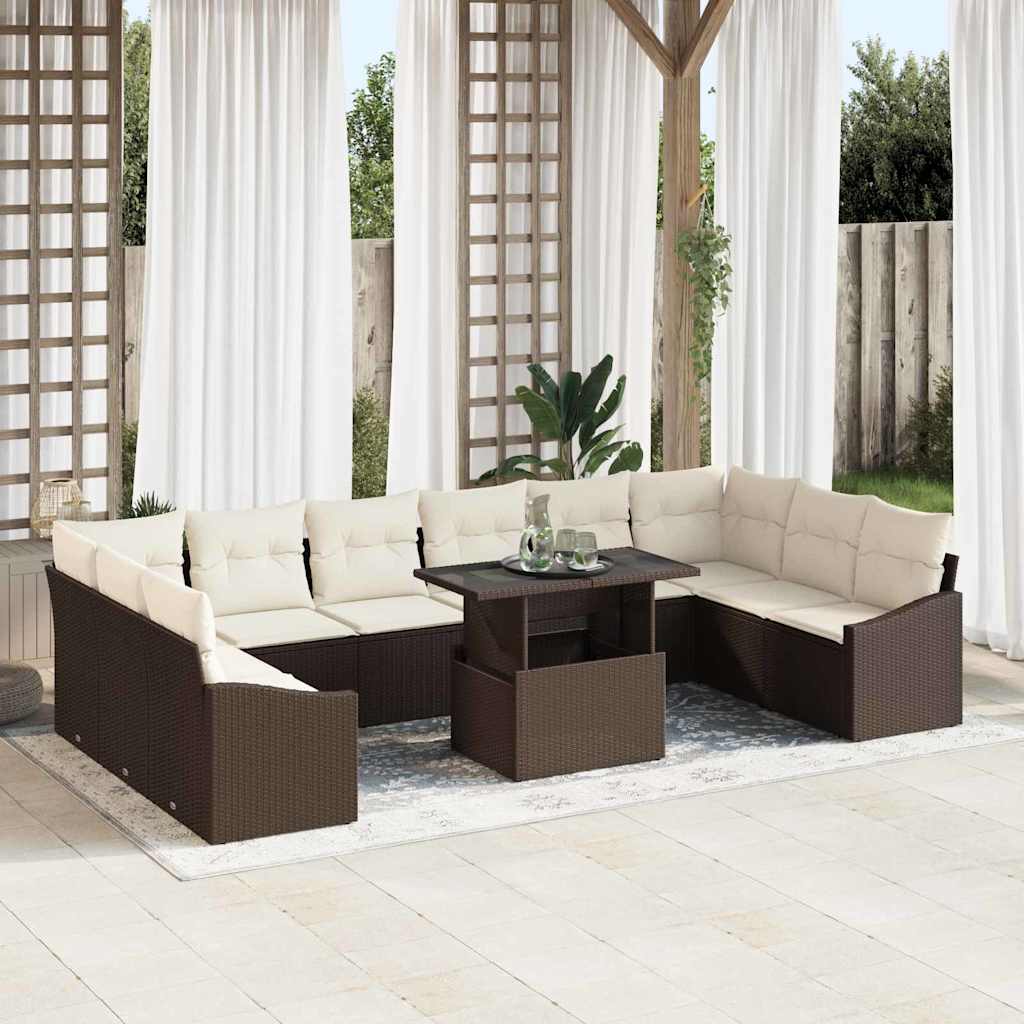 Sofa Set 11 stk. Braun und Creme Poly-Rattan