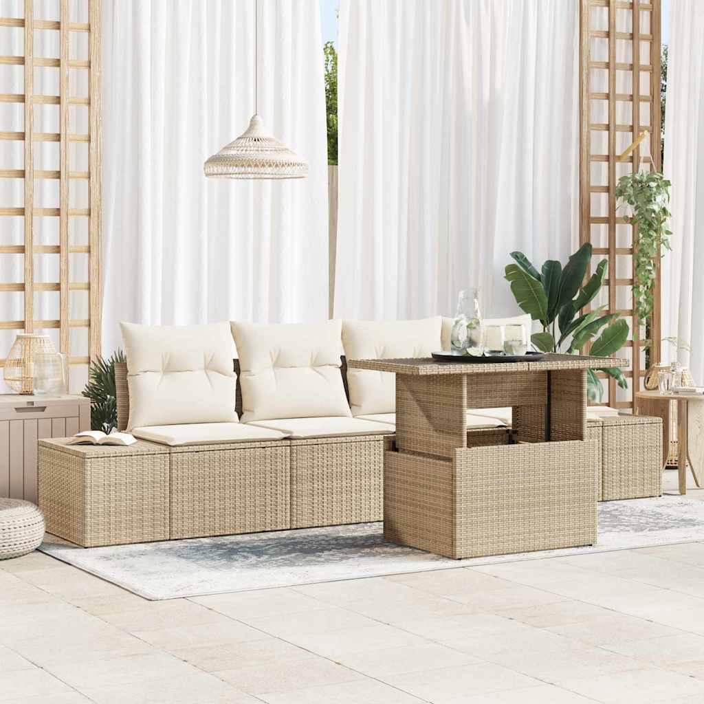 Sofa Set 5 stk. Beige und Creme Poly-Rattan