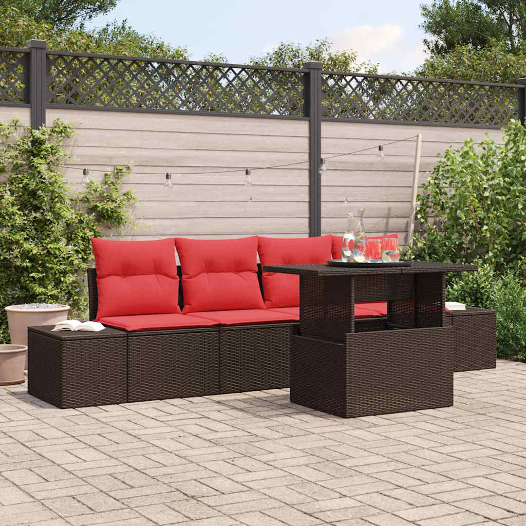 Sofa Set 5 Stk. 4-Sitzanzahl Braun und Rot Poly-Rattan