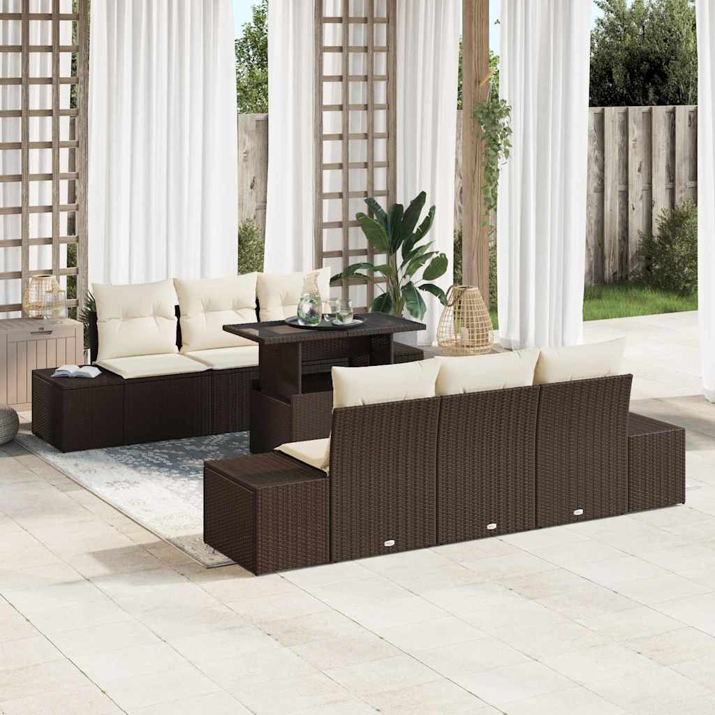 Sofa Set 7 stk. Braun und Creme Poly-Rattan