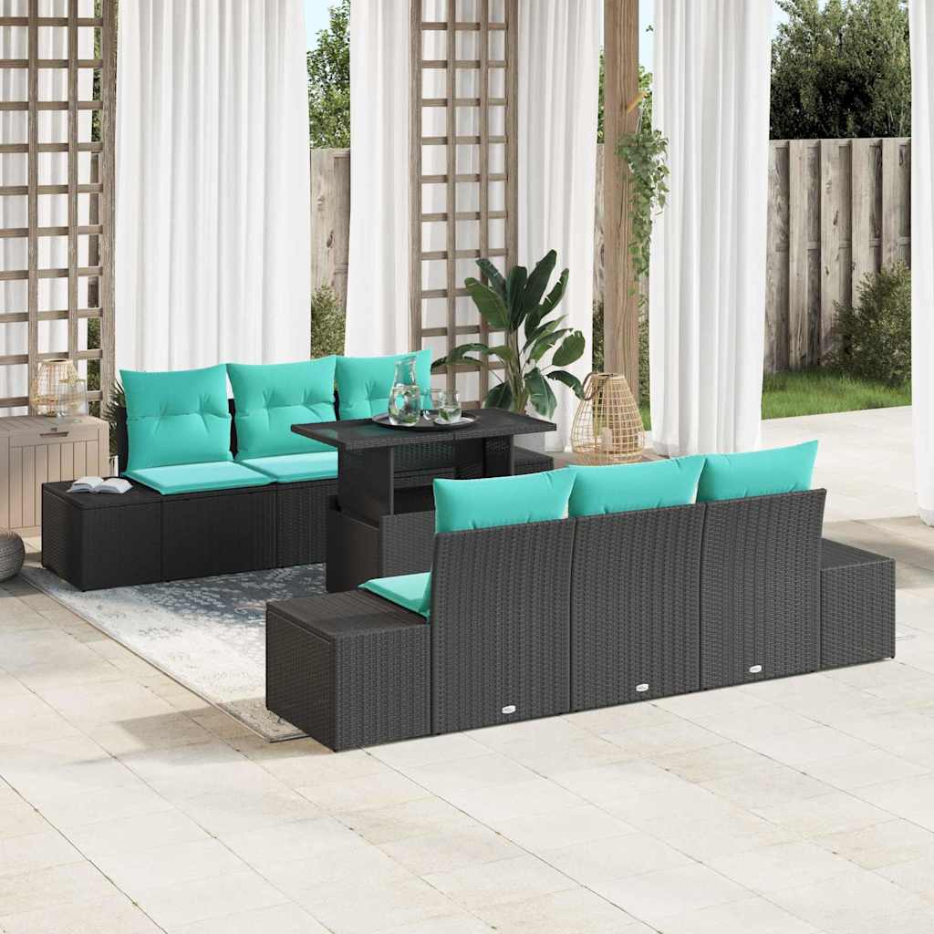 Sofa Set 7 stk. 6-Sitzanzahl Schwarz und Blau Poly-Rattan