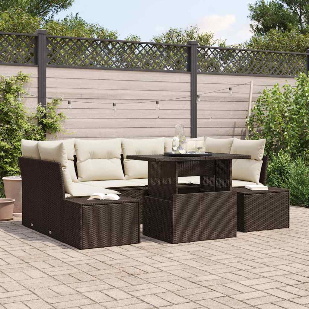 Sofa Set 7 stk. Braun und Creme Poly-Rattan