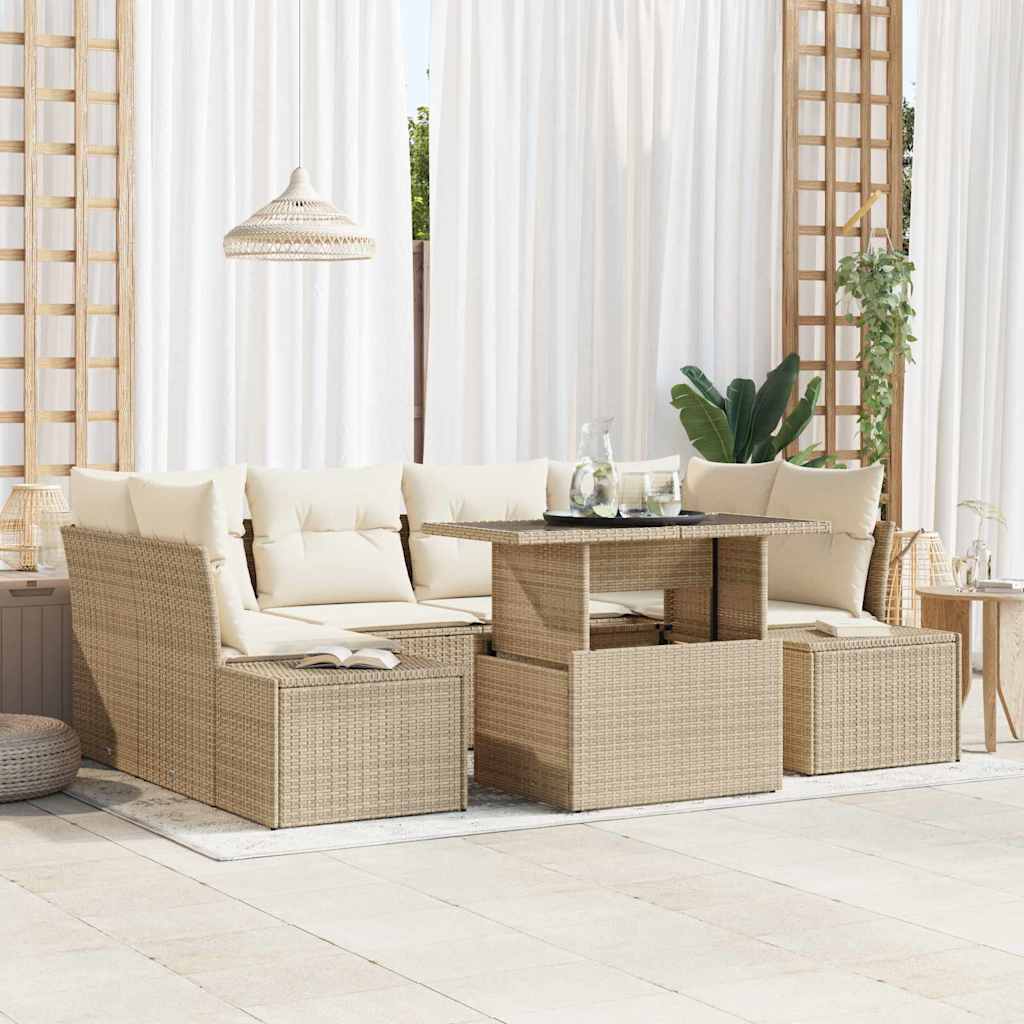 Sofa Set 7 stk. Beige und Creme Poly-Rattan