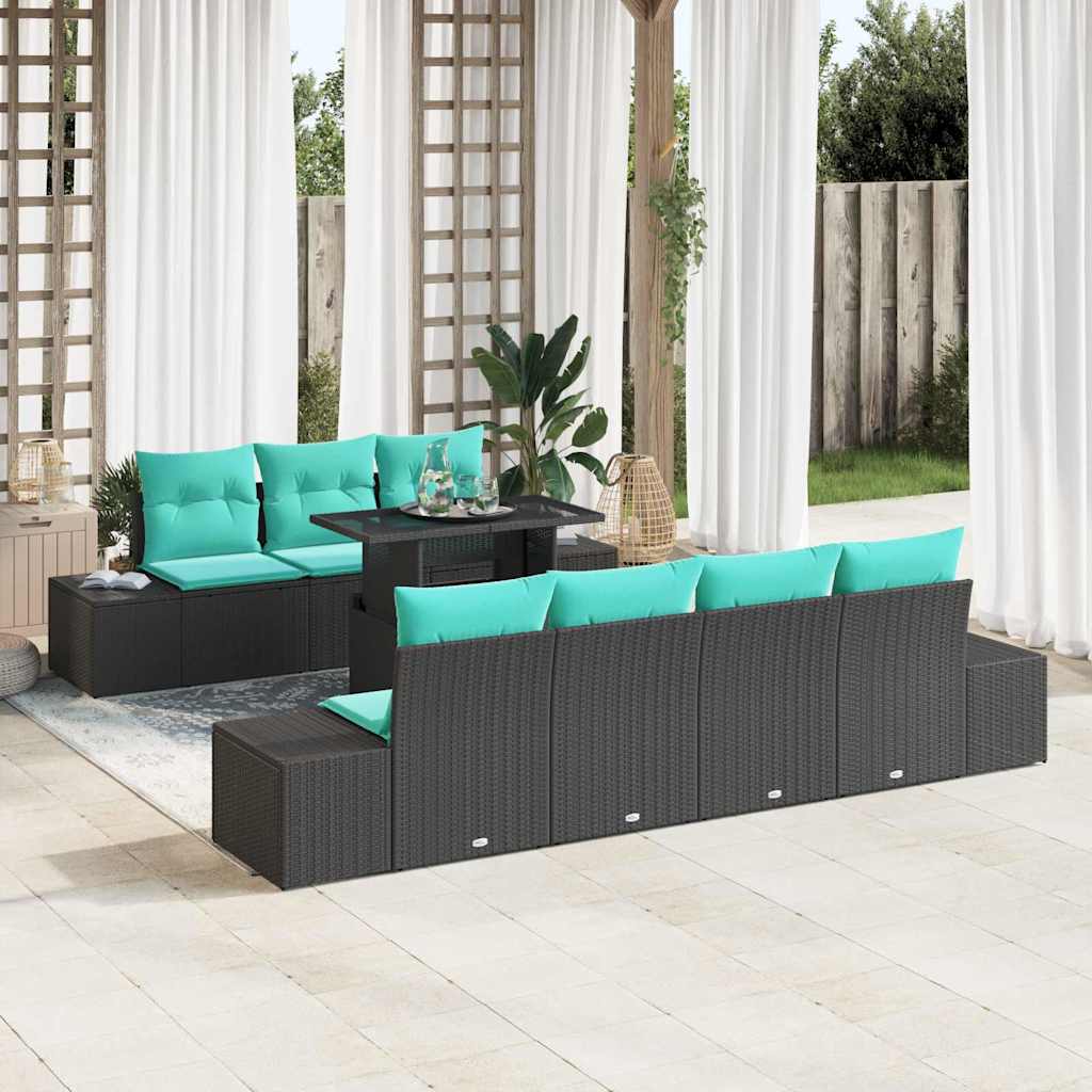 Sofa Set 8 stk. 7-Sitzanzahl Schwarz und Blau Poly-Rattan