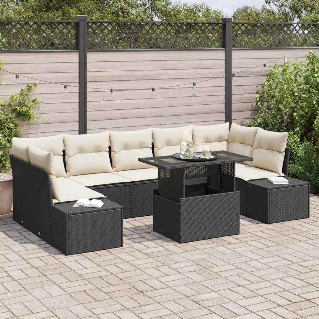 Sofa Set 8 stk. Schwarz und Creme Poly-Rattan