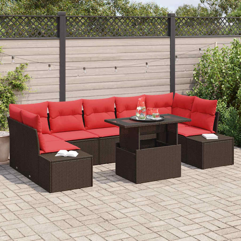 Gartensofa-set 8 stk. 7-Sitzanzahl Braun und Rot Poly-Rattan