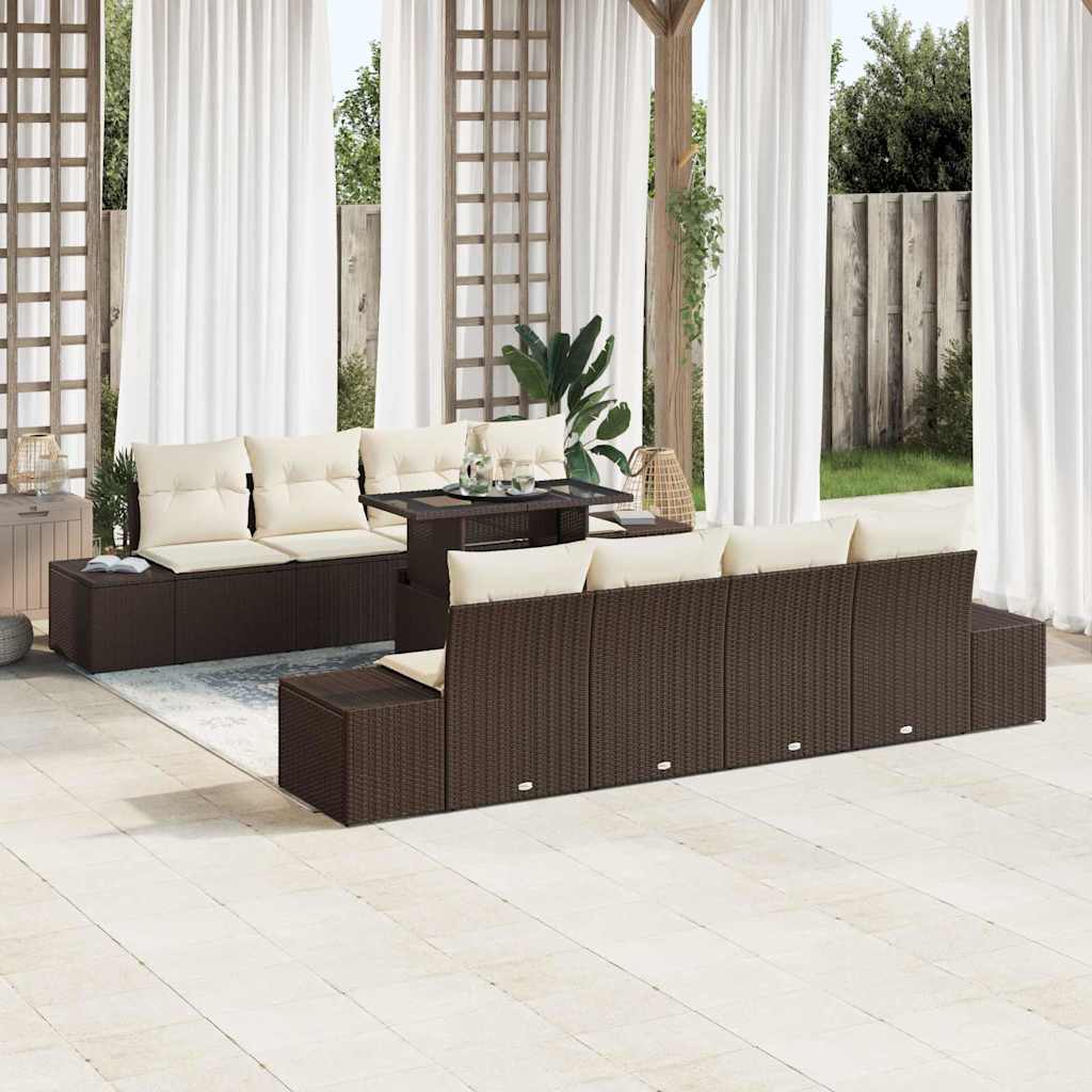 Gartensofa-set 9 stk. Braun und Creme Poly-Rattan