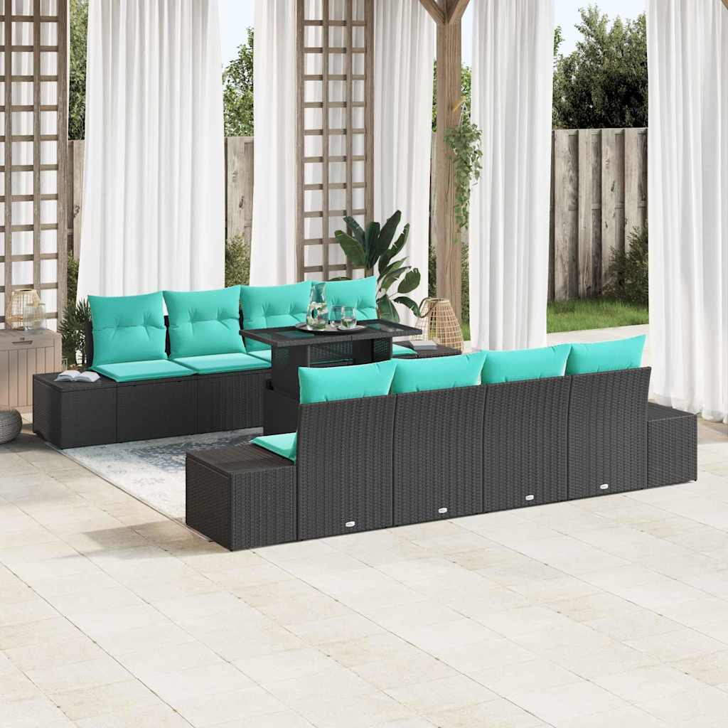 Gartensofa-set 9 stk. 8-Sitzanzahl Schwarz und Blau Poly-Rattan
