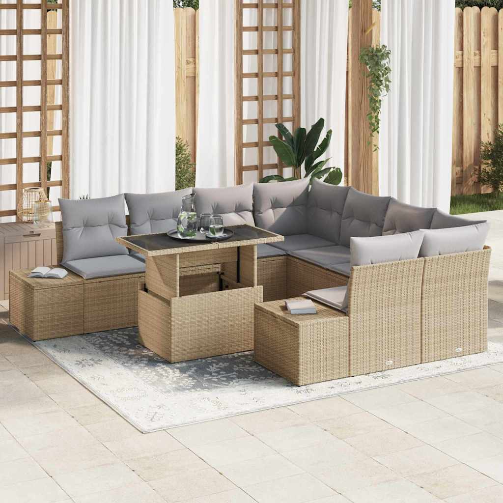 Gartensofa-set 9 stk. Beige und Hellgrau Poly-Rattan